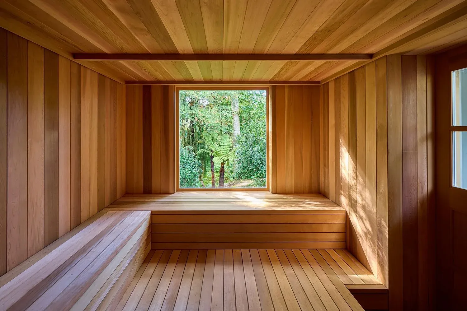 Timber sauna interior with wooden bench seating, large window showing greenery, and warm ambient light.