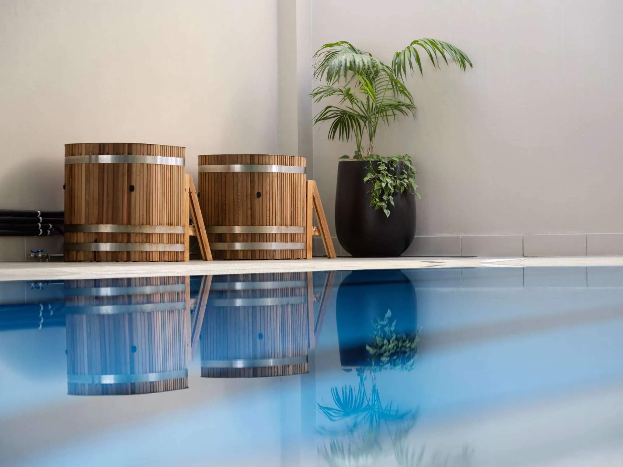 Wooden cold plunge tubs beside a swimming pool, with a potted palm plant in the background.
