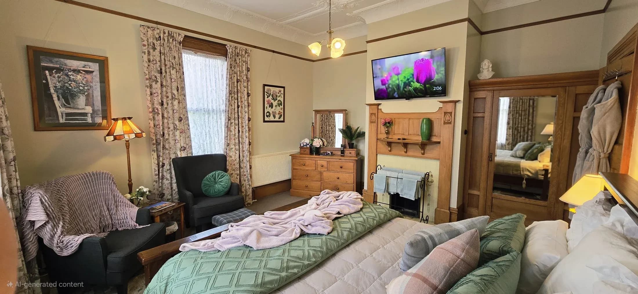 Bedroom with a made bed, armchairs, floral curtains, wooden furniture, and a television mounted on the wall.