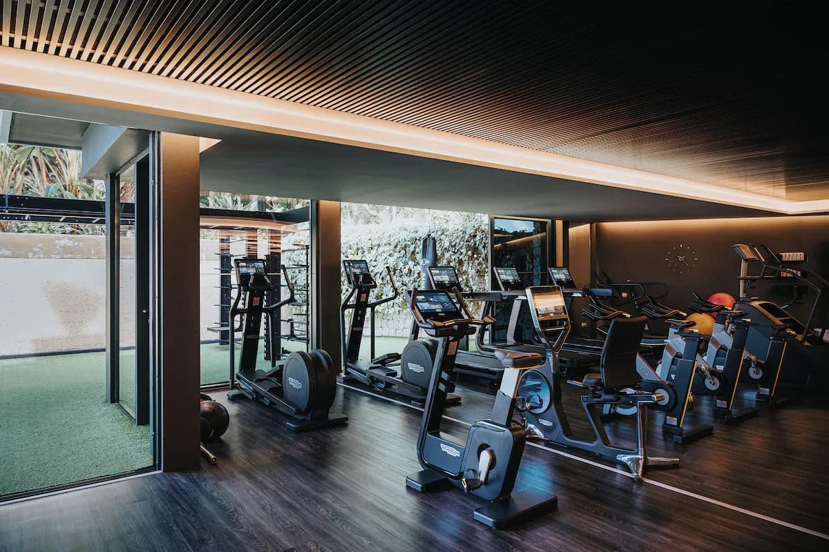 Gym interior featuring various exercise machines, large windows, and a view of greenery outside.