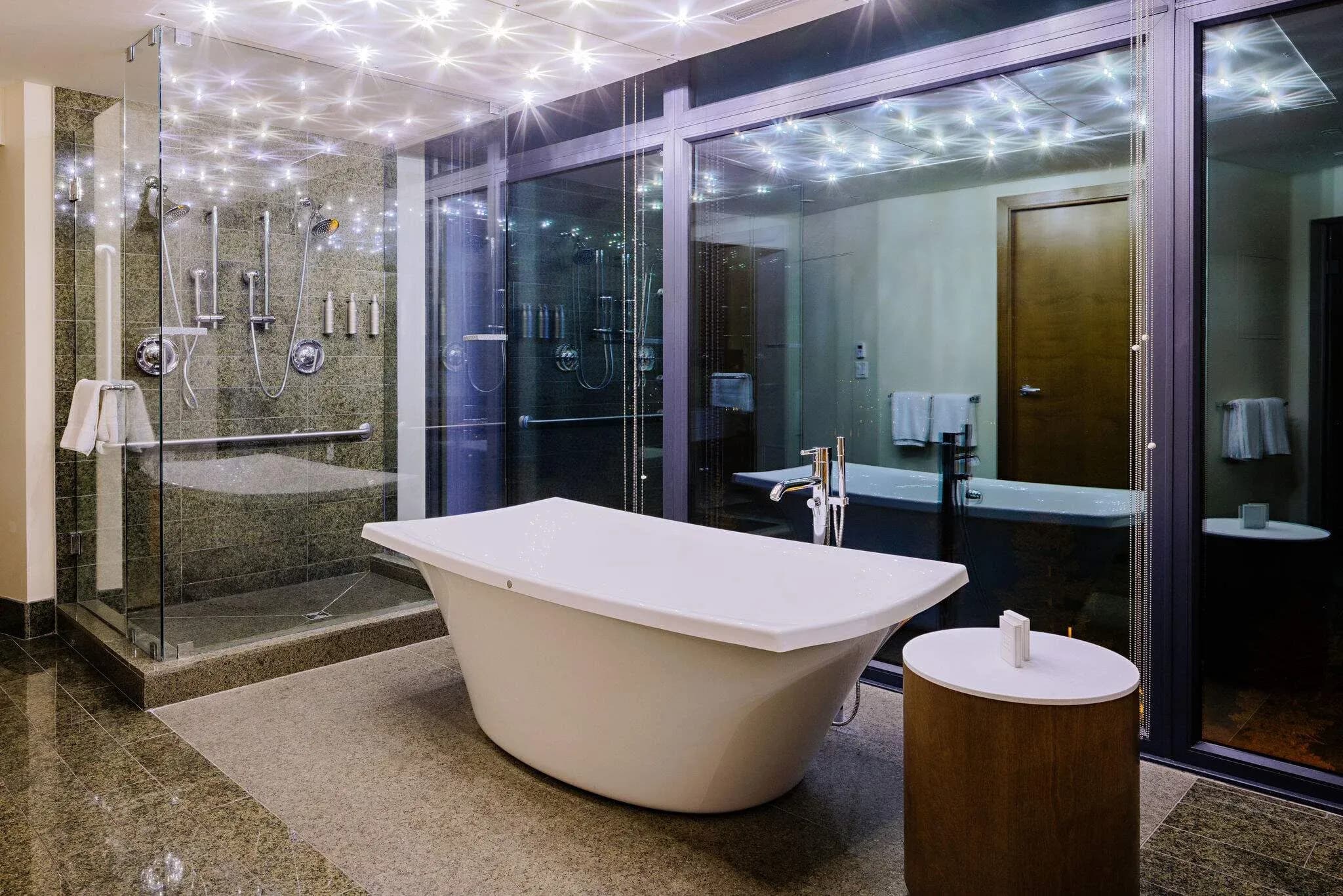 Bathroom interior featuring a freestanding white bathtub, glass shower with multiple fixtures, and star-like ceiling lights.