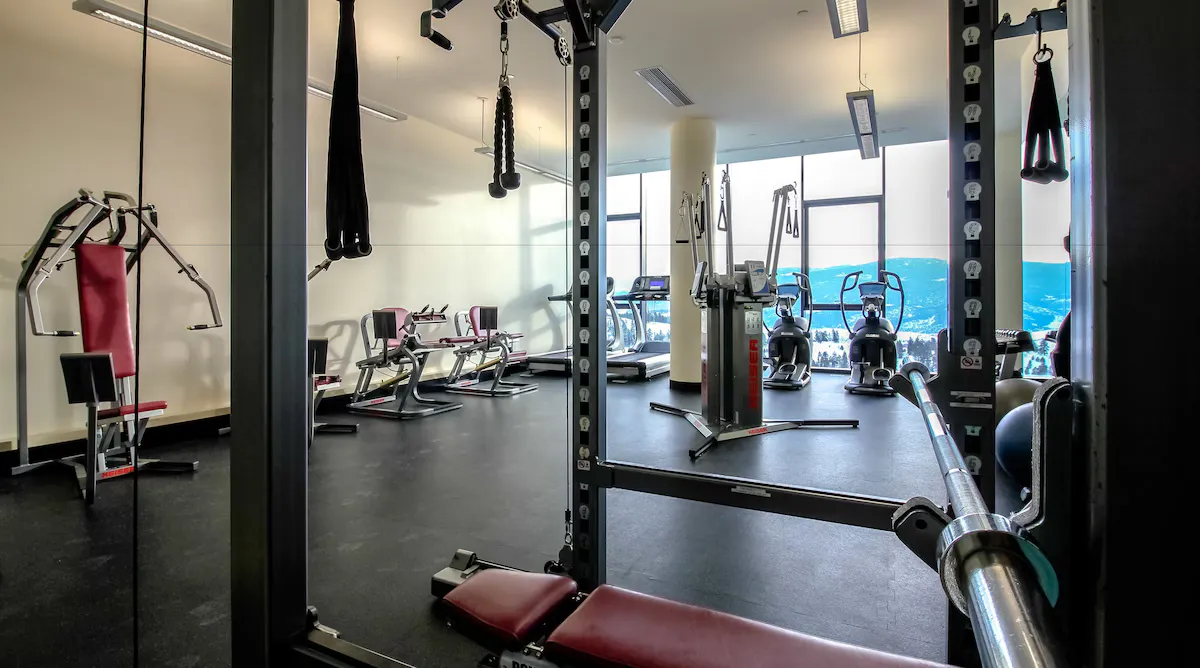 Gym interior with various exercise equipment, including weight machines and cardio machines, against a backdrop of large windows.