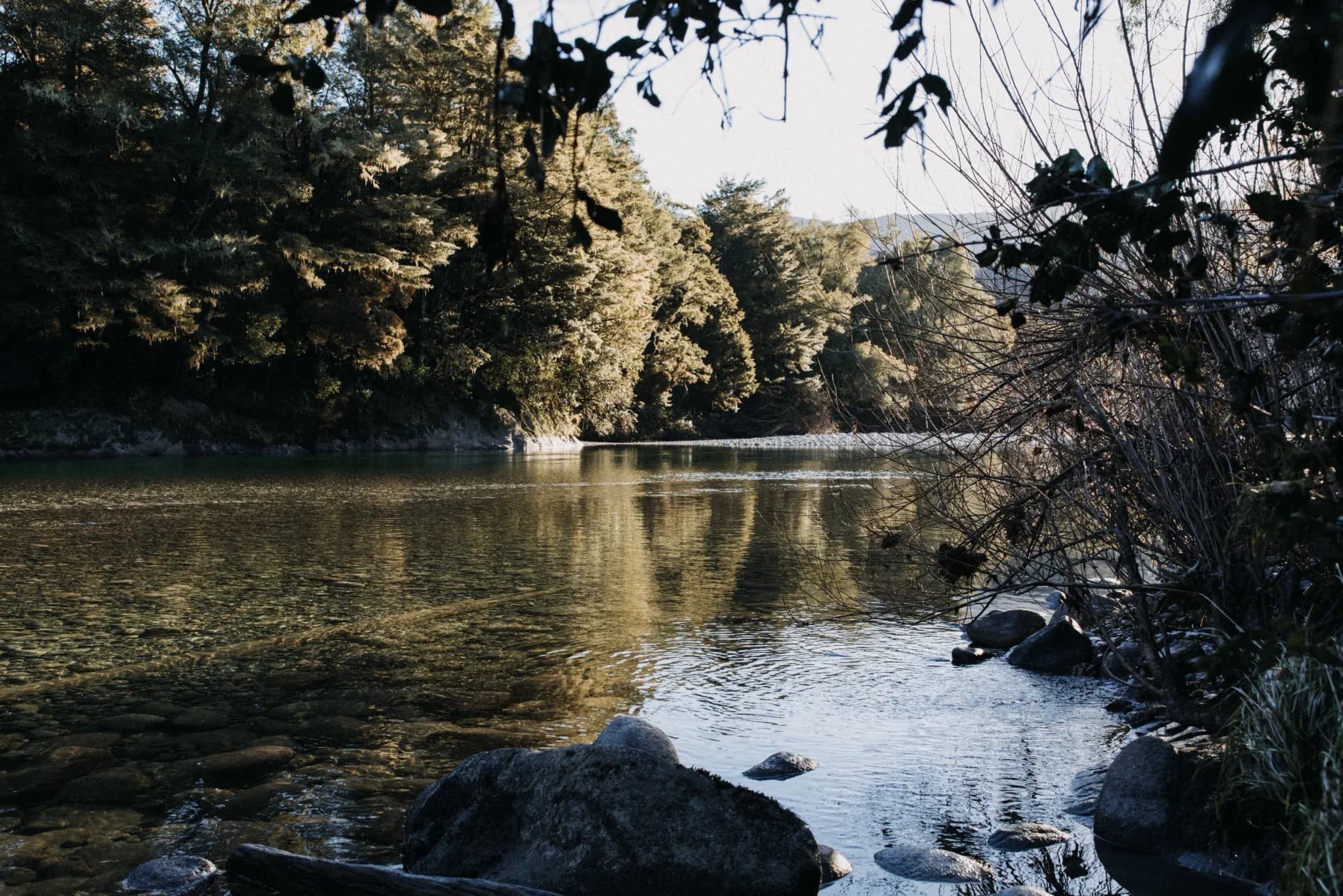 River scene with clear water reflecting trees and rocks along the bank at Maruia River Retreat.