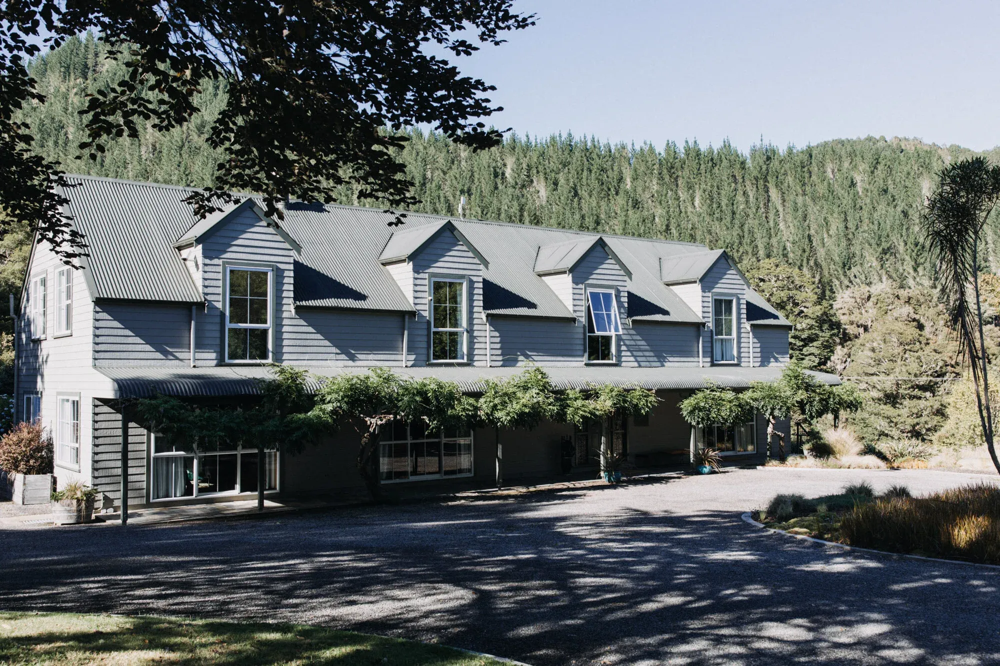 Timber-clad building with a sloped roof, large windows, and surrounding greenery at Maruia River Retreat.