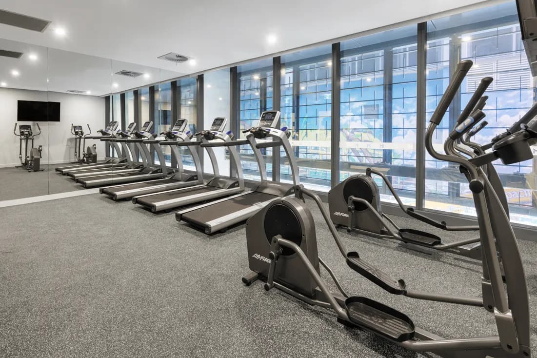 Gym area with several treadmills and elliptical machines, large windows providing natural light, and a mirror along one wall.