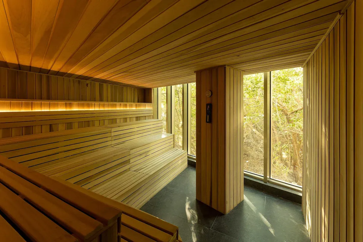 Timber sauna interior with bench seating, illuminated wooden panels, and large windows overlooking greenery.
